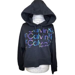 NWT Calvin Klein Performance Womens Cropped Hoodie With Iridescent Logo Black XL